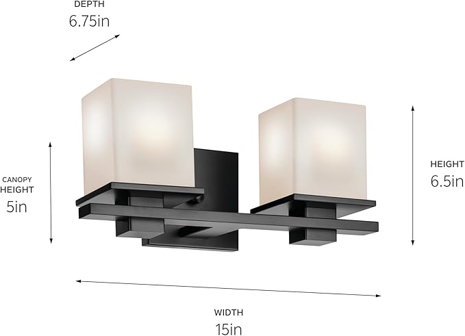 Kichler Tully 15" 2-Light Bathroom Vanity Light Fixture with Satin Etched Cased Opal Glass in Black for Over Mirror, Soft Modern Style Lighting (15" x 6.5" x 7"), 45150BK