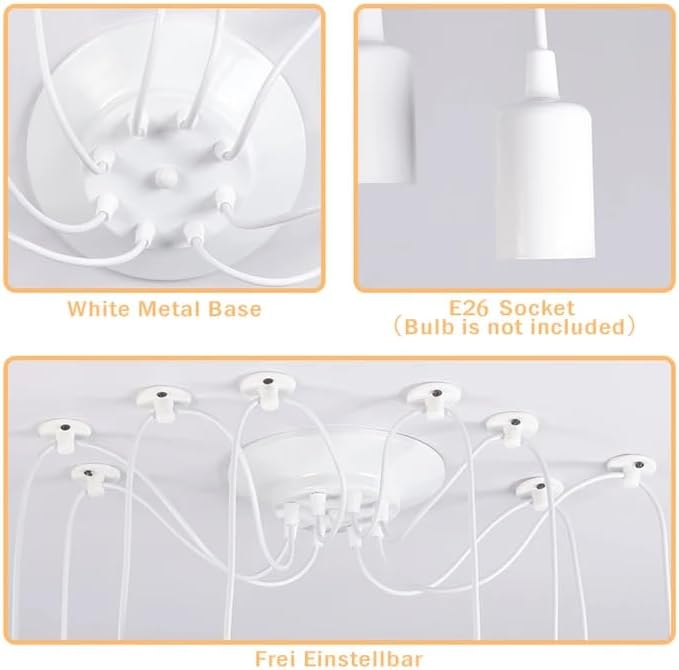 Finktonglan 8-Light Spider Pendant Chandelier, Adjustable 48.4" Cords, E26 Sockets, White Modern Farmhouse Multi-Light Ceiling Fixture for Kitchen Island, Dining Room & Entryway