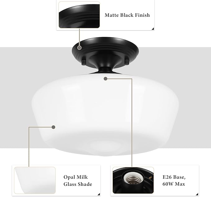 Schoolhouse Style Semi Flush Mount Ceiling Light Fixture, 12" Modern Hallway Ceiling Lamp with Opal Milk Glass Shade, Farmhouse Globe Light for Bedroom Kitchen Hallway Entryway Laundry