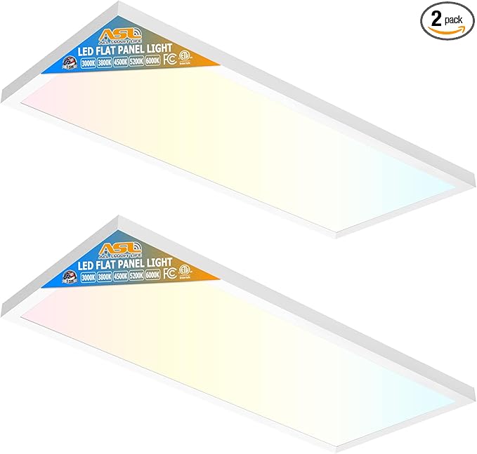 Allsmartlife 1x2 FT LED Flat Panel Light Surface Mount, 24W 2880LM 5CCT 3000K-6000K Selectable, Dimmable Edge-Lit Ceiling Light Fixtures, Flush Mount for Kitchen Garage, White 2-Pack