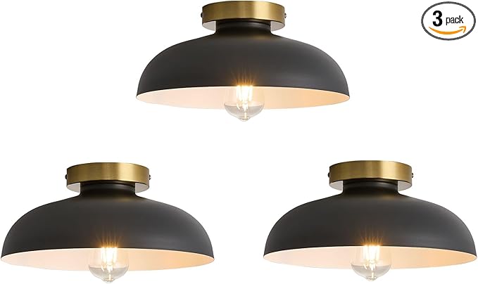 3 Pack Modern Semi Flush Mount Ceiling Light,Industrial Black and Gold Ceiling Fixtures,E26 Ceramic Lamp Head Light Fixture for Kitchen Entryway Hallway Laundry Room Bedroom Foyer 11.8 Inch