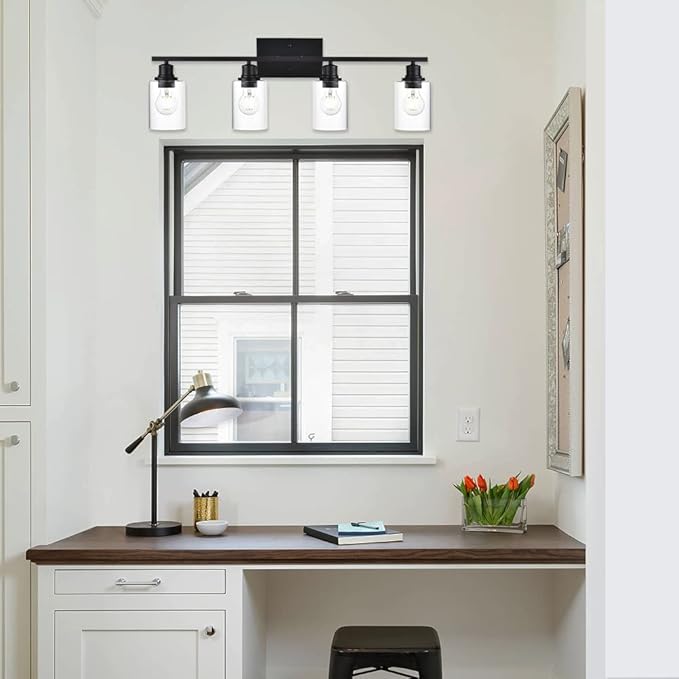 VINLUZ 4-Lights Black Bathroom Vanity Light Fixtures with Clear Cylinder Glass Shade,Industrial Metal Wall Mounted Lighting Over Mirror