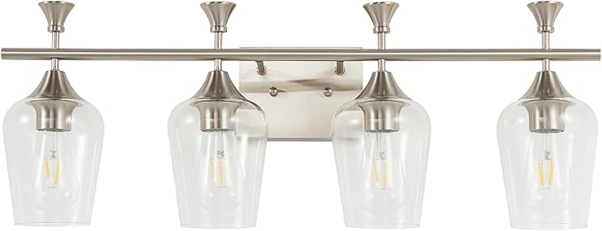 Bathroom Light Fixtures (4-Light, 29 Inch), Brushed Nickel Vanity Lights for Bathroom with Clear Wine Glass Glass Shade, Modern Vanity Wall Lights for Mirror Bedroom Living Room Kitchen Hallway Porch