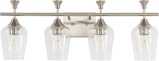 Bathroom Light Fixtures (4-Light, 29 Inch), Brushed Nickel Vanity Lights for Bathroom with Clear Wine Glass Glass Shade, Modern Vanity Wall Lights for Mirror Bedroom Living Room Kitchen Hallway Porch