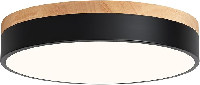 WOKNOS Modern Wood Oak Black Flush Mount Ceiling Light Dimmable LED Ceiling Light Fixture 2700K-6000K 5CCT Minimalist Circle Close to Lighting Lamp for Kitchen Bathroom Bedroom Laundry Room, 11.8''