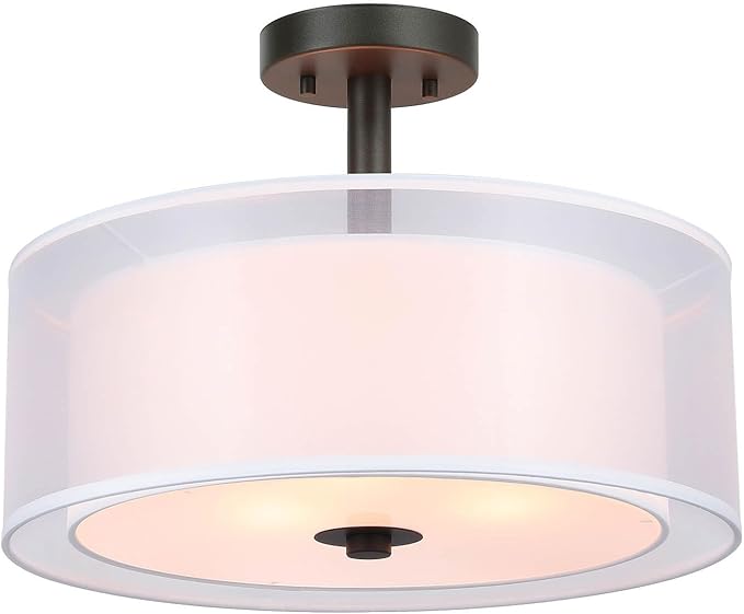XiNBEi Lighting Semi Flush Mount Ceiling Light, 3 Light Drum Semi Flush Light, 16" Close to Ceiling Light with Fabric Shade in Dark Bronze for Living Room & Bedroom XB-SF1194-DB