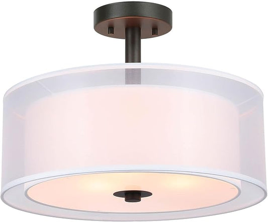 XiNBEi Lighting Semi Flush Mount Ceiling Light, 3 Light Drum Semi Flush Light, 16" Close to Ceiling Light with Fabric Shade in Dark Bronze for Living Room & Bedroom XB-SF1194-DB