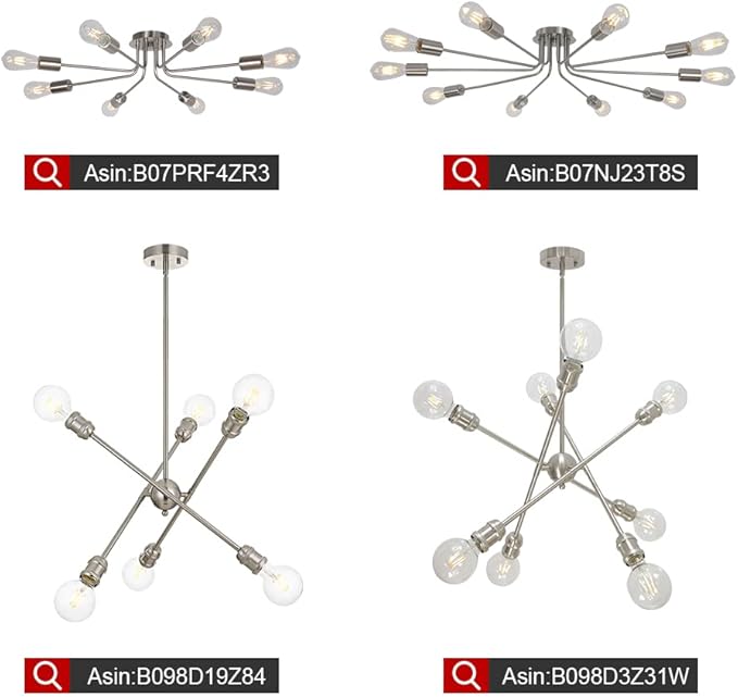 Modern Sputnik Chandelier 6 Light Semi Flush Mount Ceiling Lighting Cotemporary Industrial Brushed Nickel Ceiling Fixture for Bedroom, Hallway, Kitchen, Bar