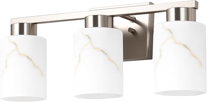 3-Light Bathroom Light Fixtures, Modern Vanity Lights, Brushed Nickel Metal Wall Lamp with White Marble Glass for Bathroom, Mirror, Living Room, Bedroom, Cabinet, Porch, Hallway, E26 Base