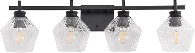 30.35in Modern Bathroom Light Fixtures, 4 Light Vanity Light, Black Wall Lamp with Ribbed Wine Glass Shades, Bathroom Wall Sconce Lamp for Mirror Living Room Bedroom Hallway