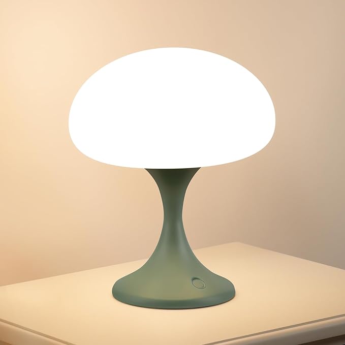 MAGCHARM Mushroom Lamp, 5W LED Cordless Rechargeable Table Lamp with Glass Shade, Small Retro Dimmable Touch Light with 3 Color Temps, Aesthetic Mid Century Bedside Light for Bedroom Ambient, Green