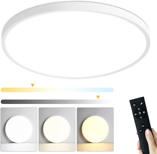 LED Flush Mount Ceiling Light Fixture 15 Inch, 36W 3600lm Dimmable Kitchen Light Fixture Ceiling Mount with Remote, Adjustable 3000K-6500K Round Ceiling Lamp for Bedroom, Living Room,White