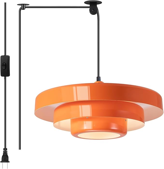 Plug in Pendant Light Fixtures, Plug in Chandelier Mid Century Modern Hanging Lamp with Pulley Nordic Style Pendant Lamp Metal Shade On/Off Switch Hanging Light for Living Room Dining Bedroom Kitchen