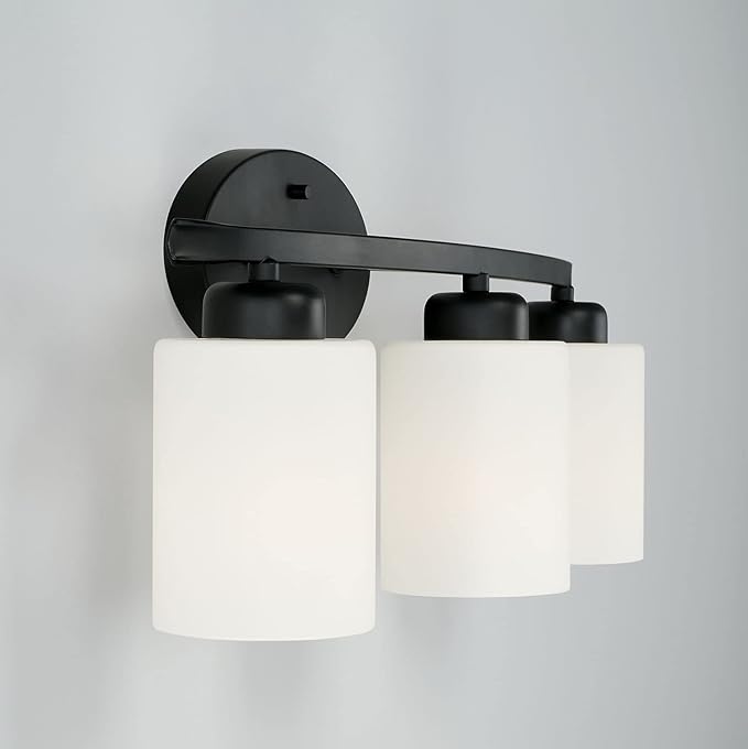 HomePlace by Capital Lighting 115231MB-338 Dixon Modern Soft White Glass Bathroom Vanity Wall Light, 3-Light 300 Total Watts, 9" H x 21" W, Matte Black