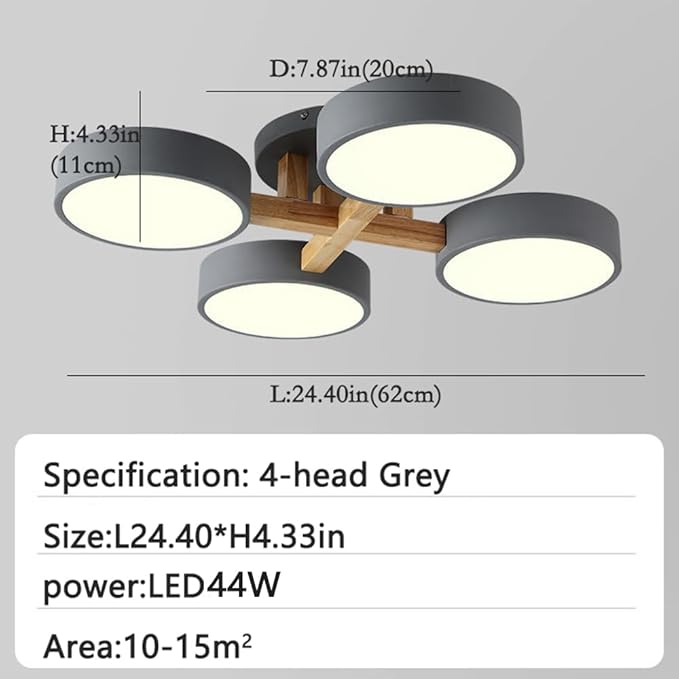 LED Ceiling Light Fixture,24 Inch 4-Lights Modern Ceiling Lights Flush Mount Wooden 44W Chandelier for Living Room Bedroom Kitchen,Dimmable 3000K/4000K/6000K Temperatures Selectable, Grey