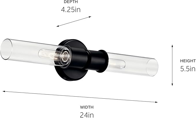 Kichler Aviv 2-Light Wall Sconce, Modern Light with Clear Glass in Black, for Bedroom, Laundry Room, Kitchen or Hallway (24" x 5.5"), 52654BK