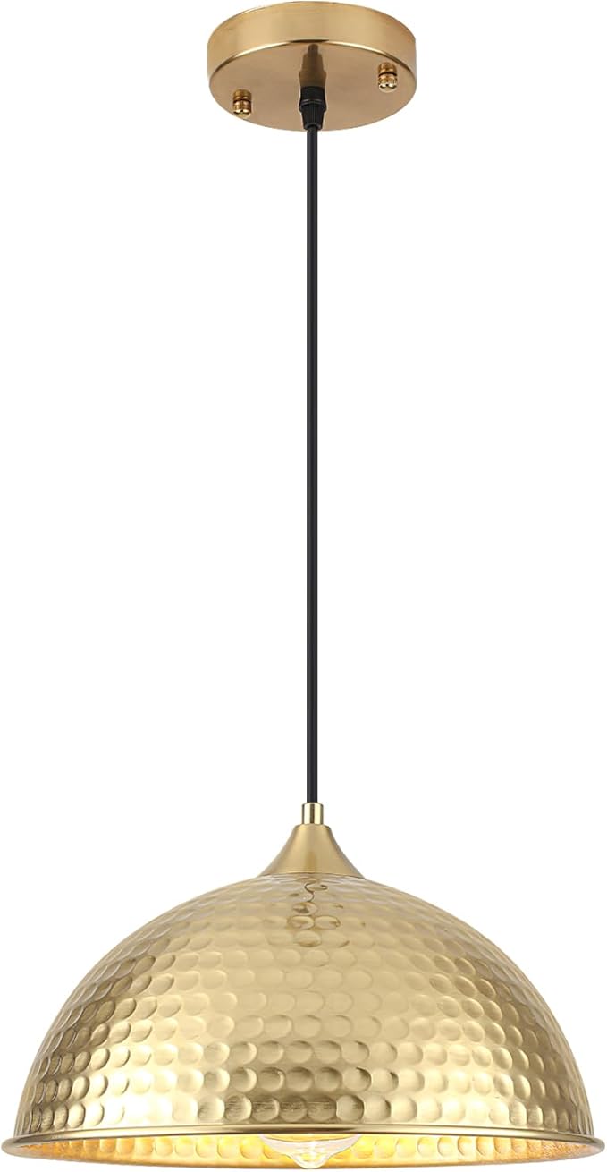 Gold Pendant Lights Kitchen Island 12 Inch, Vintage Hammered Pendant Light Fixtures Adjustable Height Dome Pendant Light for Dining Room Bedroom Bar