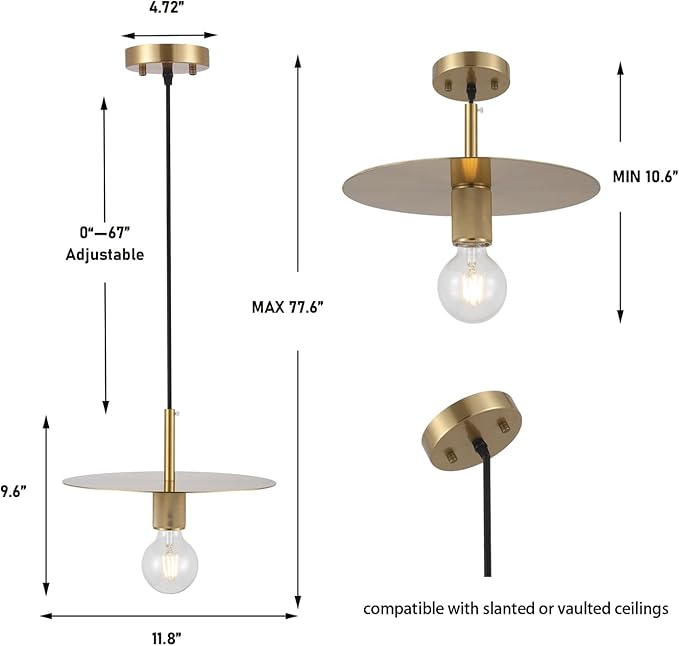 BYOLIIMA Modern Pendant Lighting Gold Farmhouse Pendant Light 11.81" Brushed Brass Dome Industrial Mid Century Knurled Texture Hanging Lamp Ceiling Light Fixture Kitchen Island Dinning Room Bedroom