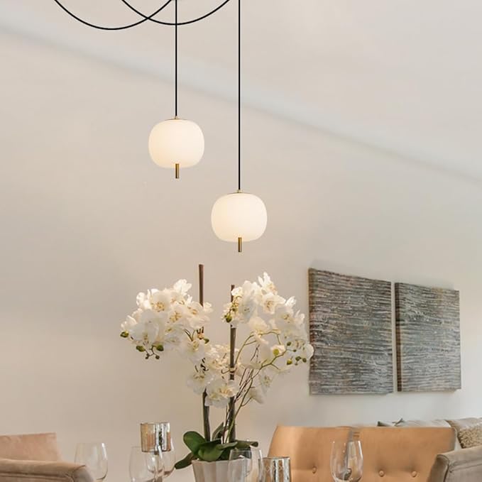 Mid Century Modern Pendant Light Fixture, Milk Glass 7” Globe Hanging Light with Dimmable Switch and Plug in for Kitchen Island Dining Room Bedroom Living Room, 2 Pack, 16ft Bulb Included