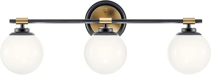 Kichler Benno 3-Light Bathroom Vanity Light Fixture with Opal Glass, Modern LED Lighting in Black and Champagne Bronze for Bathroom or Powder Room (8.75 x 24.5 in), 55172BKCPZ