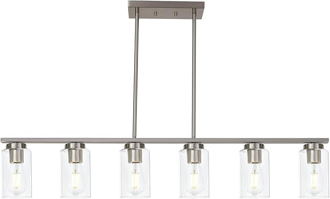 TODOLUZ 6-Light Kitchen Island Lighting with Clear Glass Shades, Modern Linear Pendant Light Fixture for Dining Room Pool Table, Brushed Nickel Finish