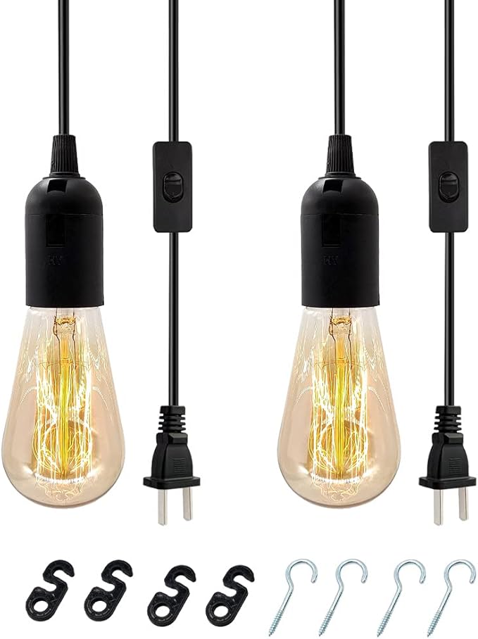 Plug in Hanging Light Kit, Retro Hanging Lights with Plug in Cord, E26 E27 Industrial Pendant Light Fixture, 9.8 FT Cord with On/Off Switch Hanging Lamp for Living Room Bedroom 2 Pack (Black)