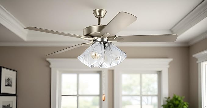 Aspen Creative 22016-3, Four-Light Ceiling Fan Light Kit with Pull Chain, Brushed Nickel Finish with Frosted and Clear Glass Shades, 14" Diameter x 7-3/8" Height