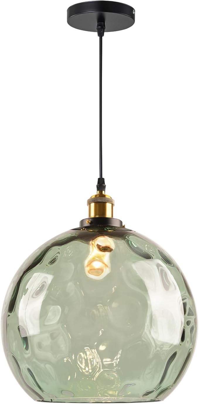 Green Glass Hanging Light Fixture, 13.8" Large Globe Pendant Light Hammered Glass Shade, Mid Century Modern Single Black and Gold Pendant Light for Kitchen Island Dining Room Bedroom