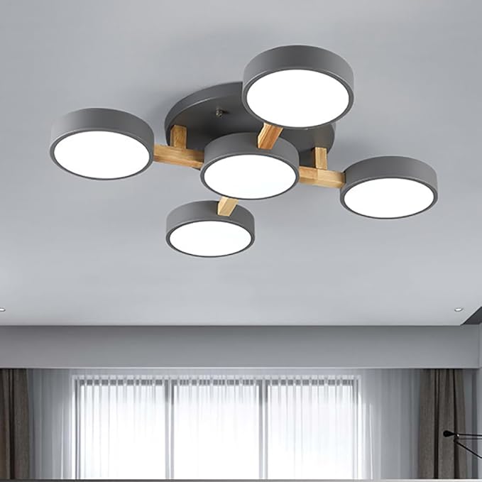 5-Lights LED Ceiling Light Fixture,32 Inch Modern Ceiling Lights Flush Mount Wooden 55W Chandelier for Living Room Bedroom Kitchen,Dimmable 3000K/4000K/6000K Temperatures Selectable, Grey