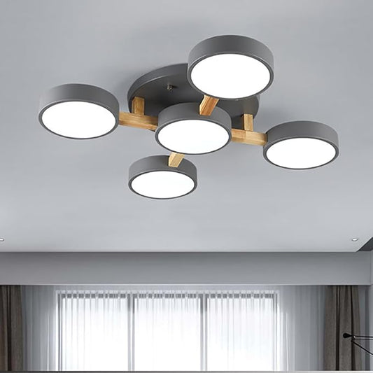 5-Lights LED Ceiling Light Fixture,32 Inch Modern Ceiling Lights Flush Mount Wooden 55W Chandelier for Living Room Bedroom Kitchen,Dimmable 3000K/4000K/6000K Temperatures Selectable, Grey