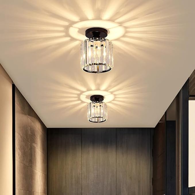 FRIXCHUR Mini Crystal Chandelier Modern Ceiling Light Semi Flush Mount Ceiling Lighting Fixture Modern Crystal Ceiling Lamp for Hallway Kitchen Island Dining Room Bedroom Bar Black E26 Socket
