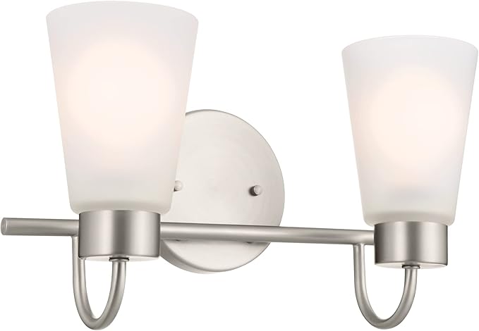 Kichler Erma 2-Light Bathroom Vanity Light Fixture with Satin Etched Glass, Brushed Nickel Wall Mount for Mirror Lighting, Up or Down Installation (13.5" x 8.5" x 6"), 55125NI