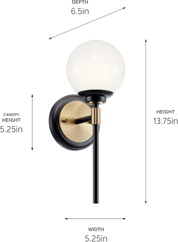 Kichler Benno 1-Light Wall Sconce, Modern Light with Opal Glass in Black and Champagne Bronze, for Bathroom, Powder Room, Kitchen, Bedroom, or Hallway (13.75" x 5.25"), 55170CPZ