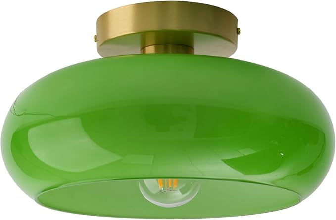Green Ceiling Light - Mid Century Modern Flush Ceiling Light with Milk Glass Globe and Dark Green Lamp Shade in Brushed Brass for Dining Room