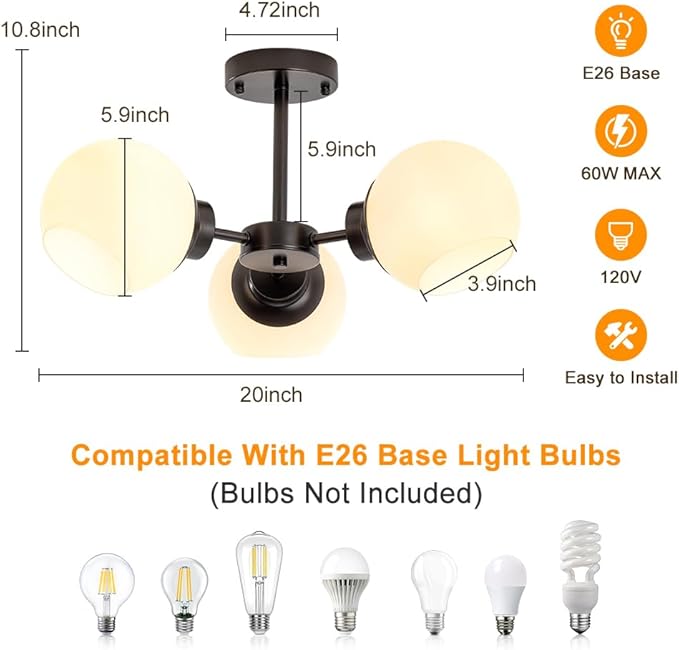 3 Light Sputnik Chandeliers Black Mid Century Semi Flush Mount Ceiling Light Frosted Globe Glass Modern Close to Ceiling Light Fixture for Bedroom Living Room Entryway Hallway