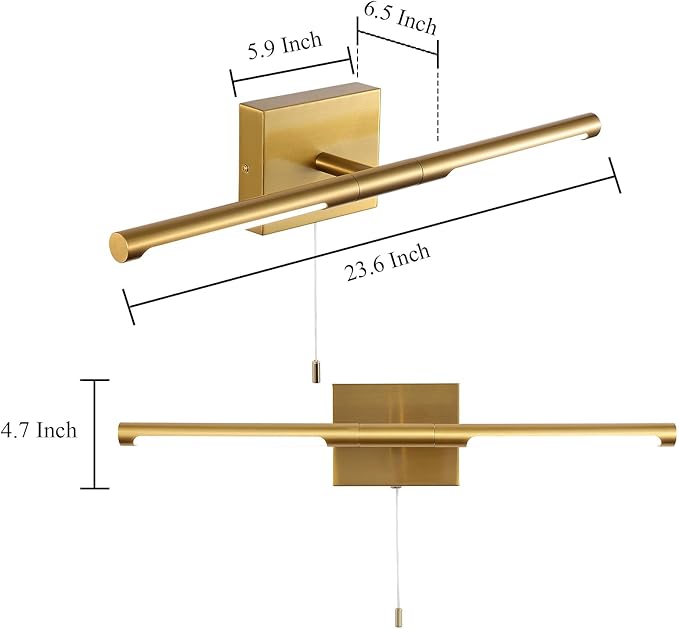 24 Inch Brass Gold LED Bar Bathroom Vanity Light,360° Rotatable Vanity Light Fixtures with Pull Chain Over Mirror,4000K Modern Bathroom Sconces Wall Lighting Picture Light