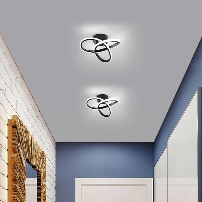 Modern LED Ceiling Light, 22W Spiral Design Hallway Light Fixtures 6500K Cool White Light Lamps for Corridor Aisle Balcony Bedroom Kitchen Office (Black)