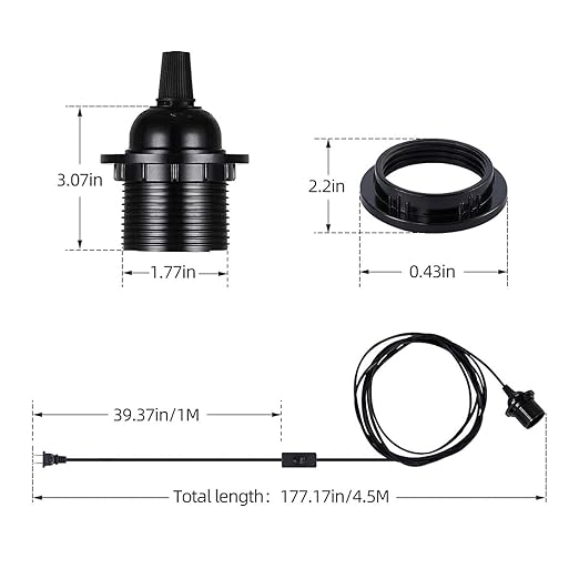 2-Pack HUIBONA Plug-in Pendant Light, 15FT Vintage Hanging Lantern Cord E26/E27 Socket, Black Kit With In-Line On/Off Switch and Lampshade Ring