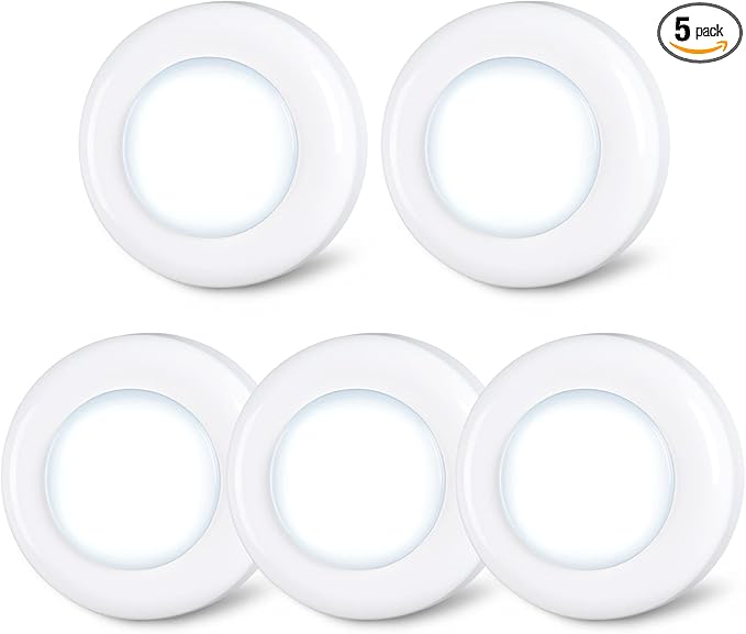 STAR-SPANGLED Push Tap Light, 2.8” Mini Night Touch LED Puck Lamp, Portable Under Cabinet Lighting AAA Battery Operated Powered, DIY Stick On Lights for Closet, Counter, Kitchen, Cool White, 5 Pack