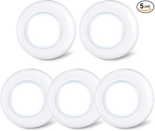 STAR-SPANGLED Push Tap Light, 2.8” Mini Night Touch LED Puck Lamp, Portable Under Cabinet Lighting AAA Battery Operated Powered, DIY Stick On Lights for Closet, Counter, Kitchen, Cool White, 5 Pack