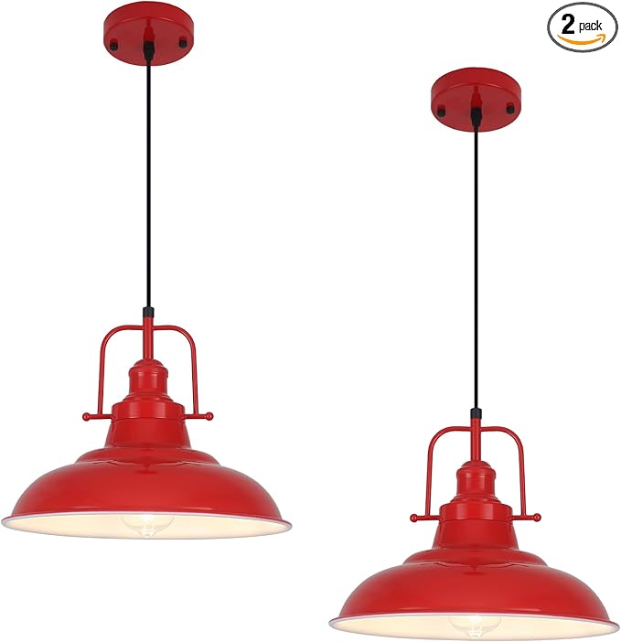 Farmhouse Pendant Lighting for Kitchen Island,Red Pendant Light with Handle, Adjustable Height Industrial Ceiling Light Fixture for Hallway Dining Room Bar,2 Pack