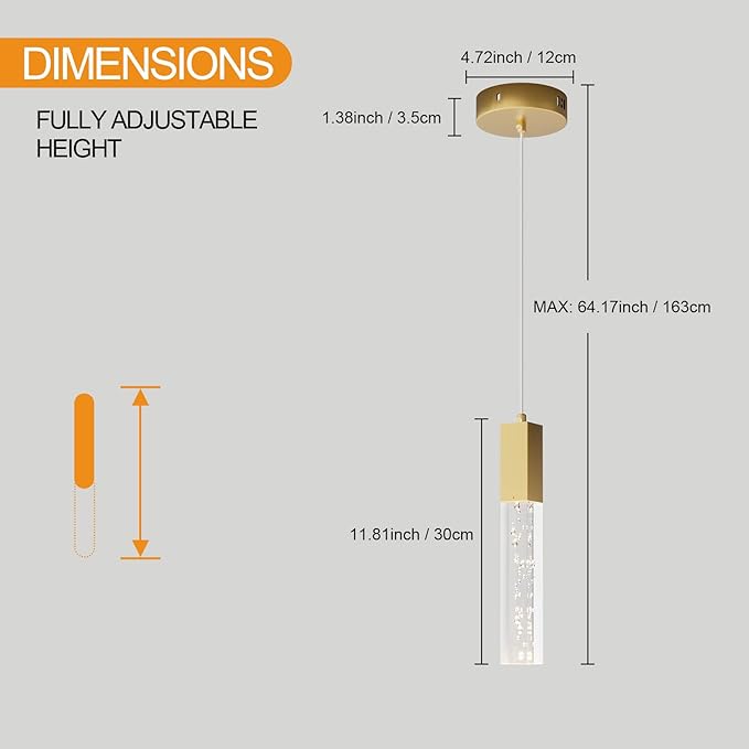Brass Pendant Lights Kitchen Light Fixture Dimmable Integrated LED Modern Pendant for Kitchen Island Mini Crystal Pendant Light for Bathroom Bedroom 3000K Warm Light(2-Pack)