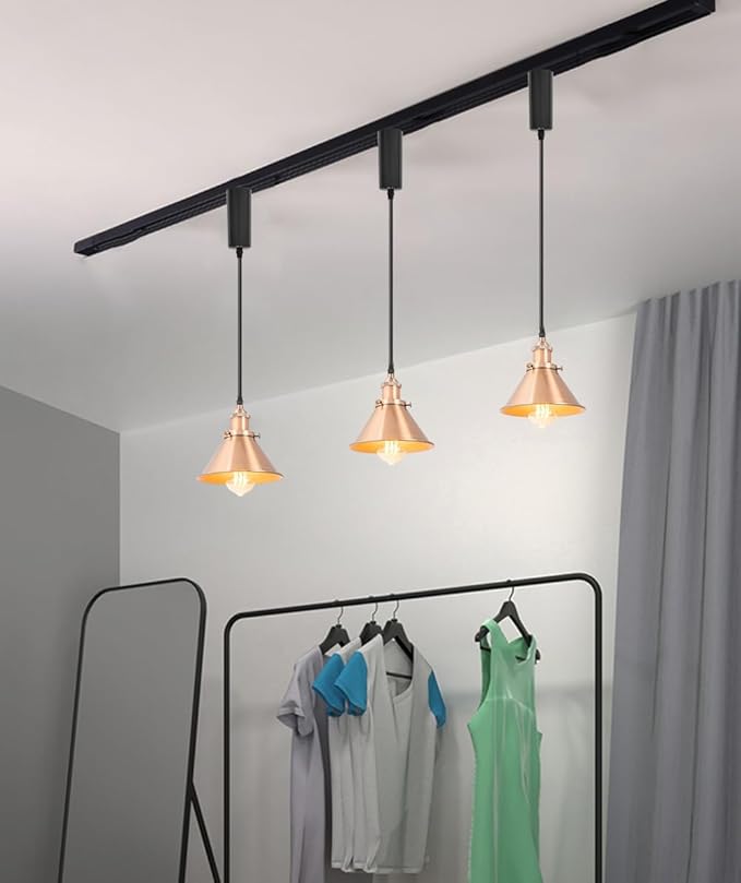 1x Plug in Cable Track Rail, 2X Adjustable Cord Red Copper Track Lighting Fixtures E26 Base H-Type Vintage Design for Kitchen Loft(No Bulb)