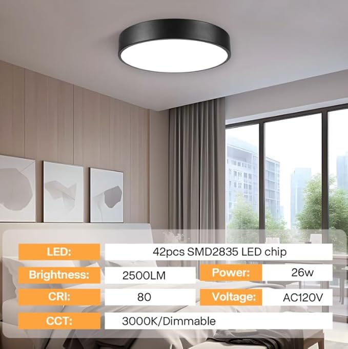 13inch Black Minimalist LED Flush Mount Ceiling Light, Black Matted Fixture, Dimmable Ceiling Lamp with Acrylic Pieces Shade, 26W, 3000K, ETL Listed for Entryway, Bathroom, Bedroom