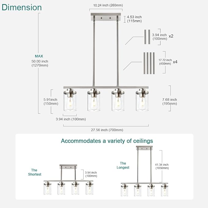 4-Light Dining Room Light Fixtures, Modern Kitchen Island Pendant Lighting Brushed Nickel Flush Mount Ceiling Hanging Lighting with Glass Shade Pendant Lights for Living Room Bedroom Hallway