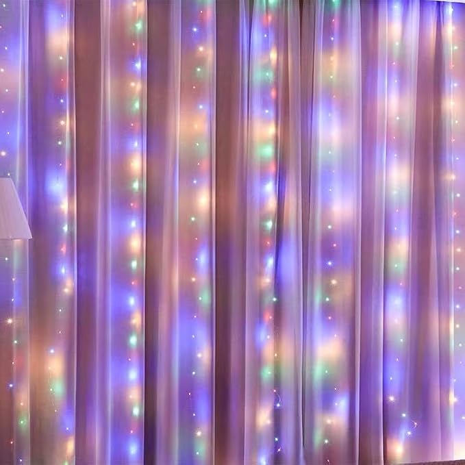 100 LED Colorful Curtain Light for Party/Wedding/Festival/Christmas,Window Blinking String Light for Bedroom/Living Room,USB Plug with 8 Modes(Battery not Included)
