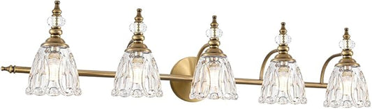 Brushed Antigue Brass Bathroom Light Fixtures, 5 Lights Vanity Light with Flower Glass Shade, Bathroom Vanity Light Over Mirror, Vintage Sconces Wall Lighting for Hallway Livingroom Bedroom