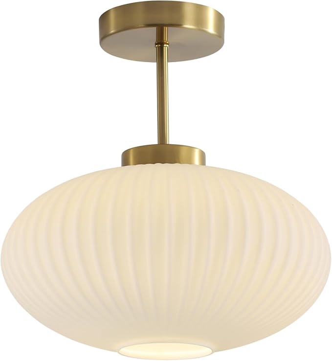 KCO Lighting 11.8‘’ White Ribbed Glass Semi Flush Mount Ceiling Light Large Milk Glass Ceiling Lights Fixture Brushed Gold Flush Mount Bathroom Light Mid Century Modern Entry Lights