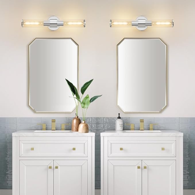 Chrome Wall Sconce, Bathroom Light Fixtures in Clear Glass Indoor Wall Sconces, Modern Sconce Wall Lighting Up and Down Vanity Lights Fixtures for Bathroom,Living Room - Bulb Not Included