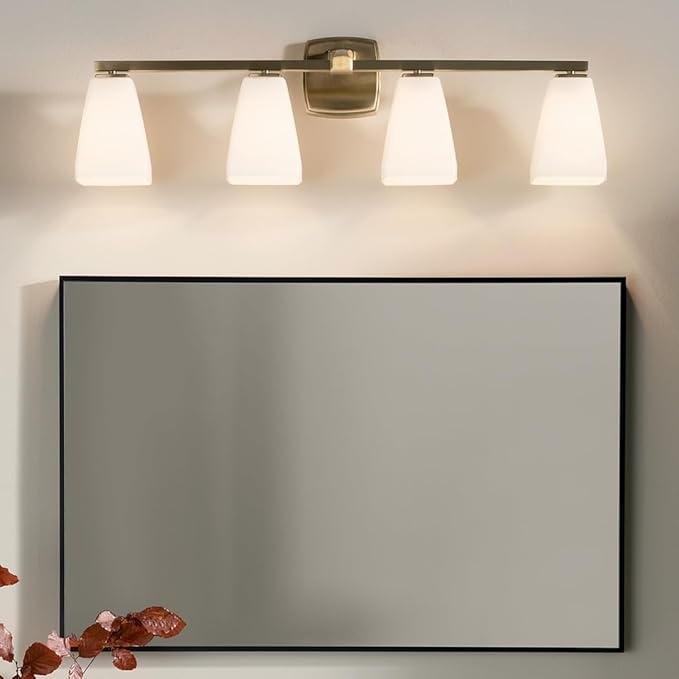 Kichler Marant 4-Light Bathroom Vanity Light Fixture with Opal Glass, 33.25" Modern Wall Mount Lighting Over Mirror in Champagne Bronze for Powder Room (33.25" W x 9.5" H), 55217CPZ
